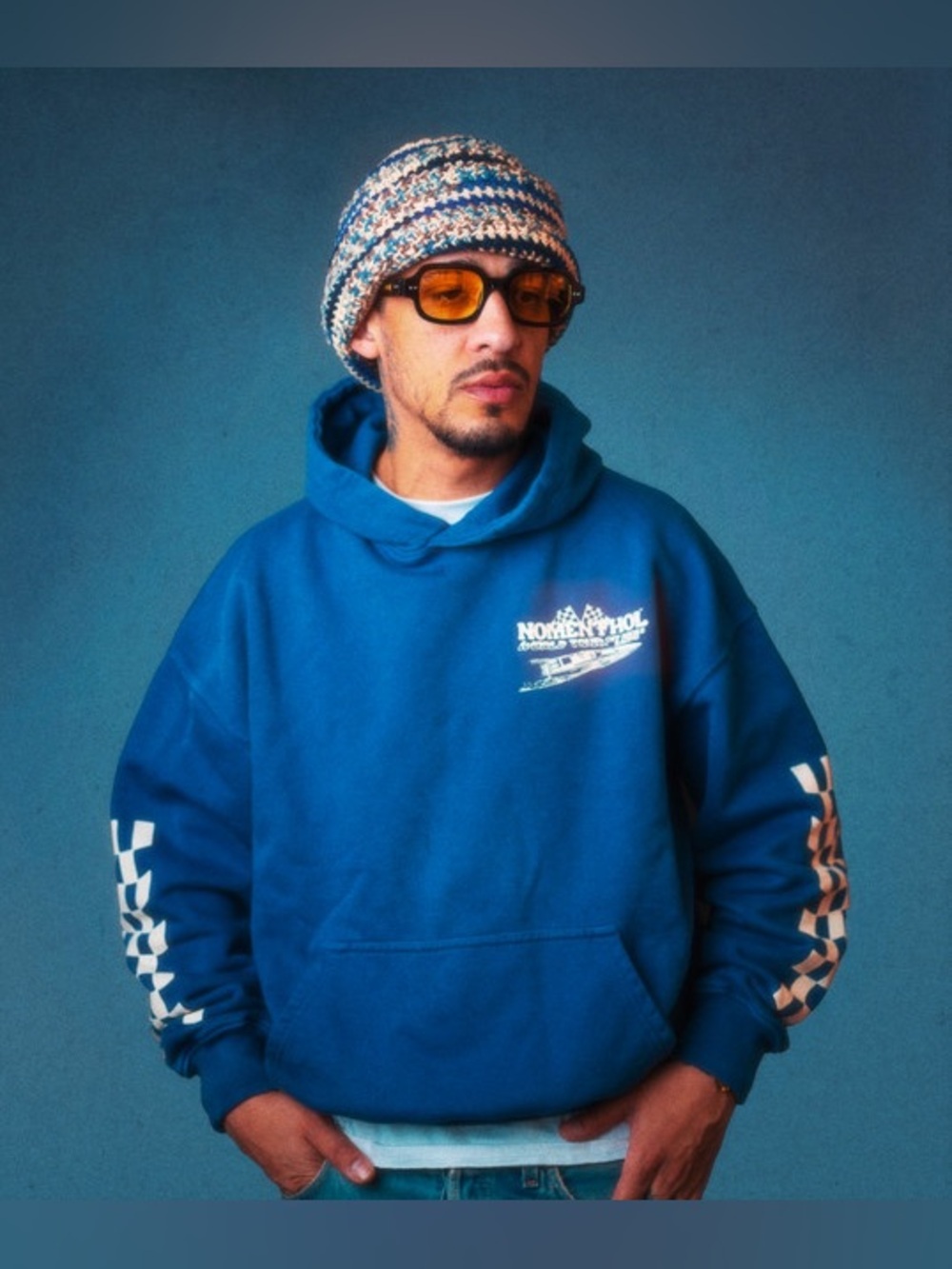 Off shore racing Washed Blue Crewneck Hoodie with White Chest Logo and Checker